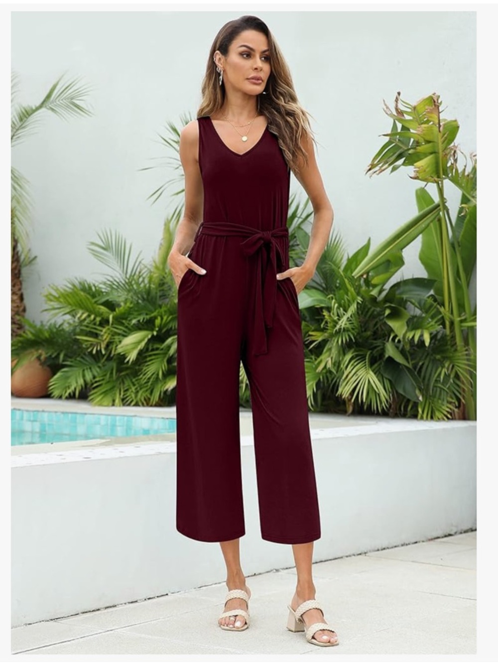 Sleeveless V-Neck Wine Jumpsuit with Self-Tie Waist